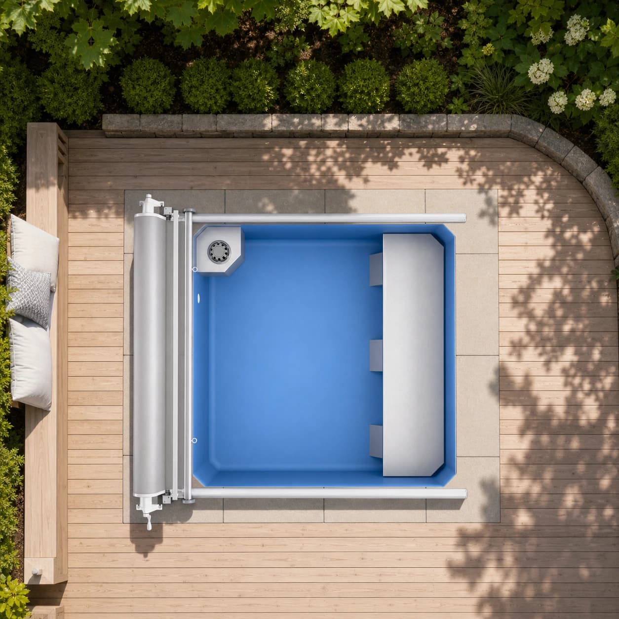 Endless Pools Plunge Mini modular pool overhead view in a premium summer backyard setting