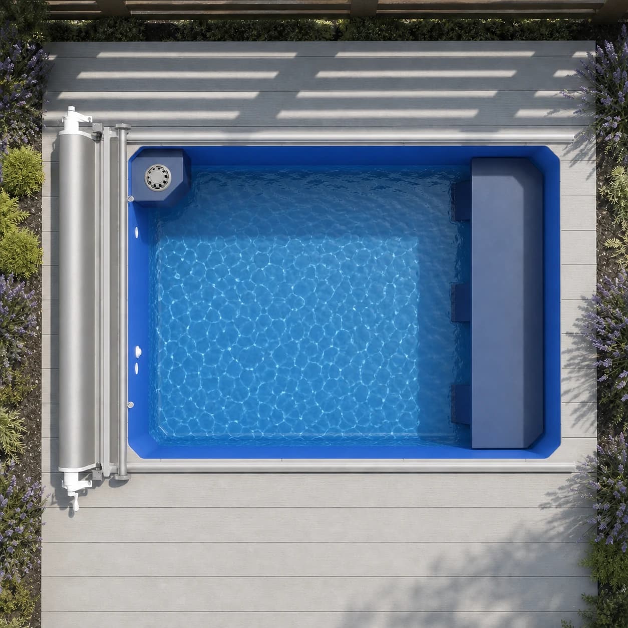 Endless Pools Plunge Prime modular pool overhead view filled with water in a premium summer backyard setting