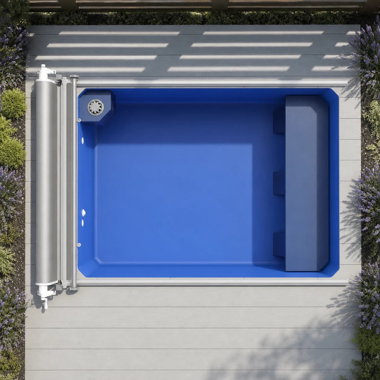 Endless Pools Plunge Prime modular pool overhead view in a premium summer backyard setting