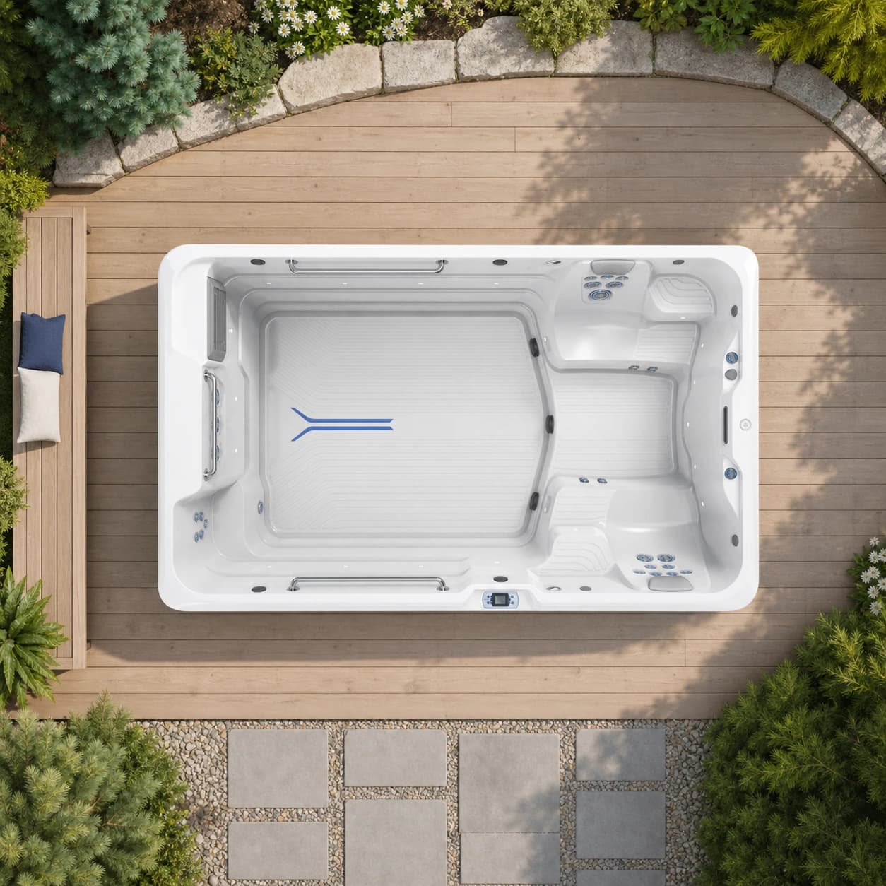 Endless Pools R200 swim spa overhead view in a premium summer backyard setting