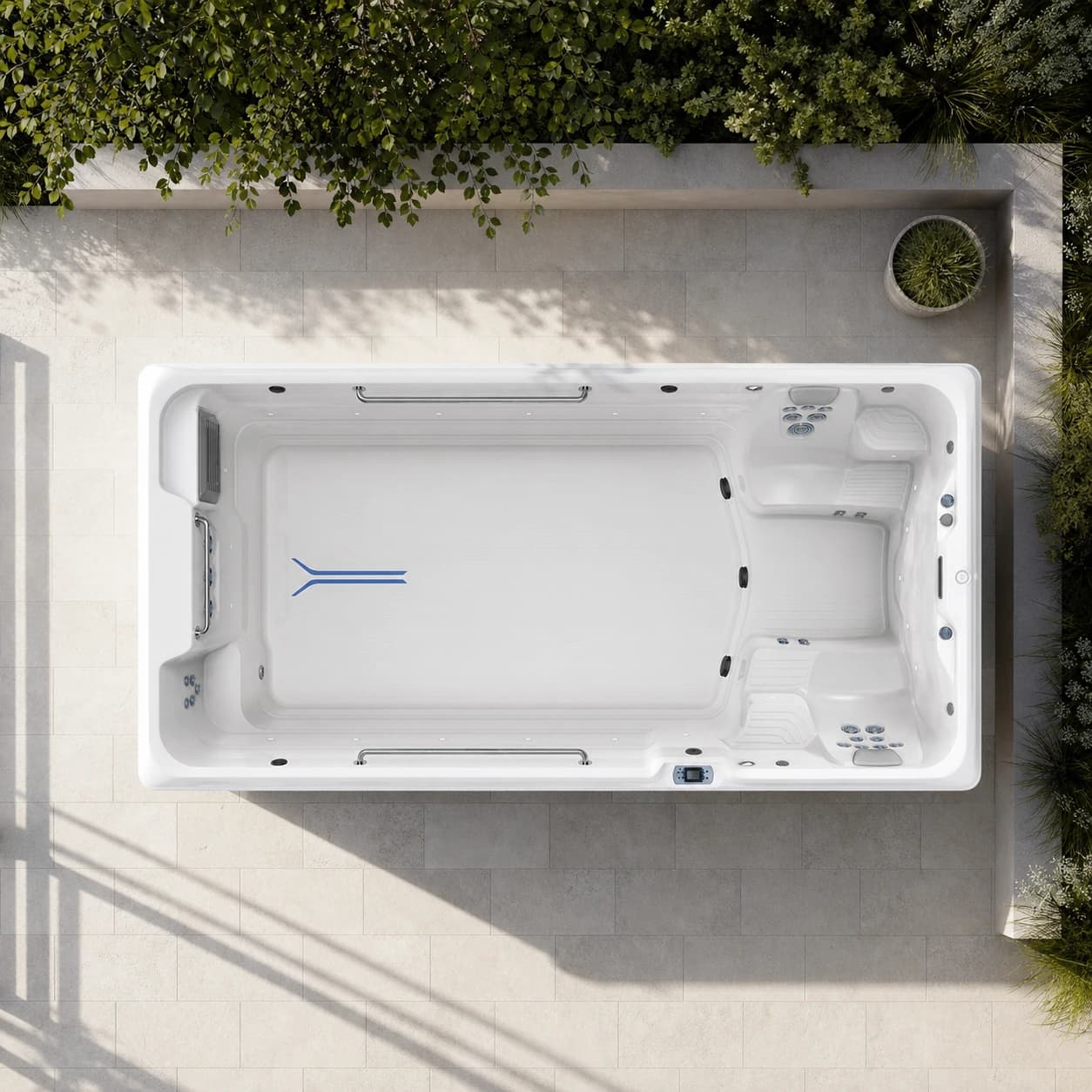 Endless Pools R500 swim spa overhead view in a premium summer backyard setting
