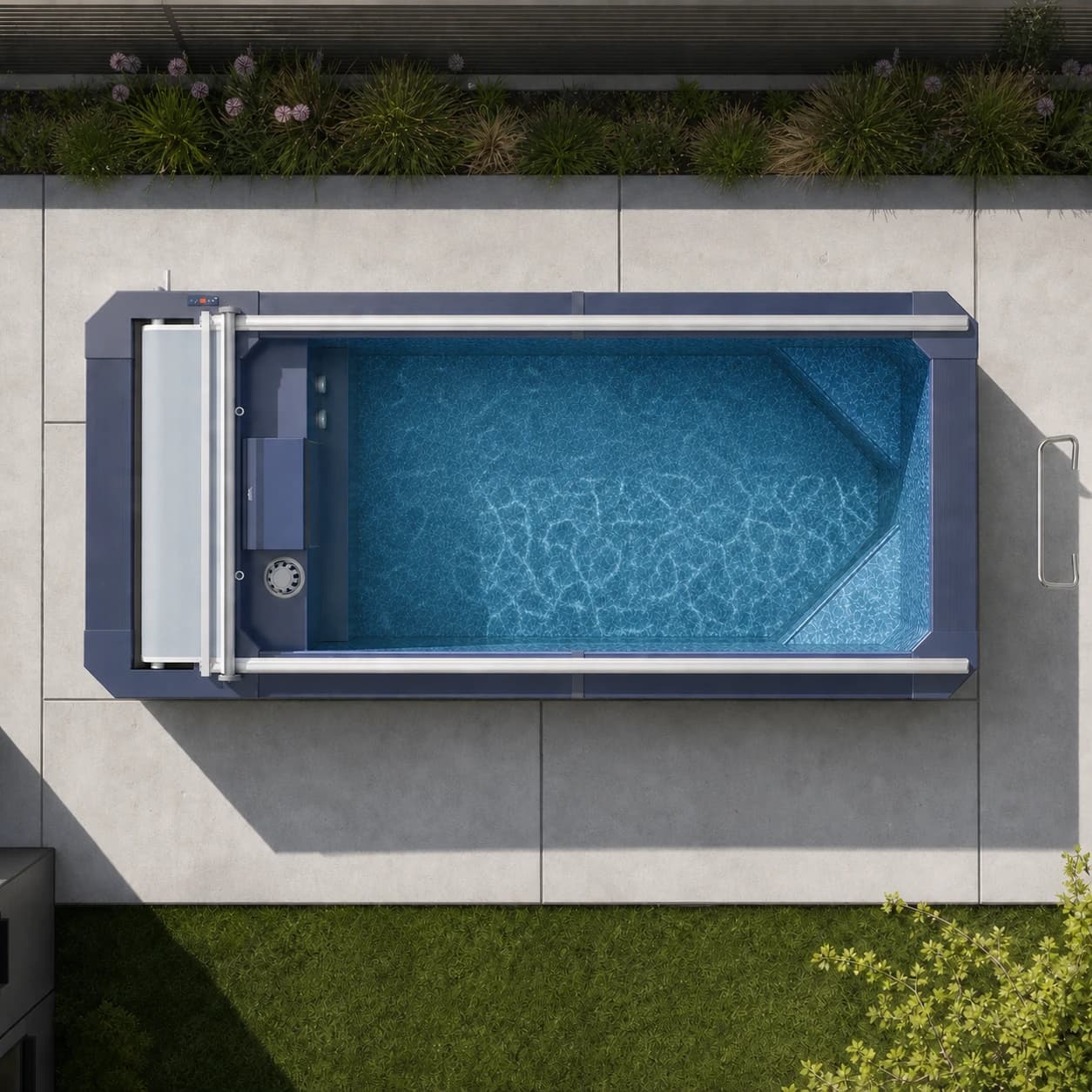 Endless Pools SP105 modular pool overhead view filled with water in a premium summer backyard setting