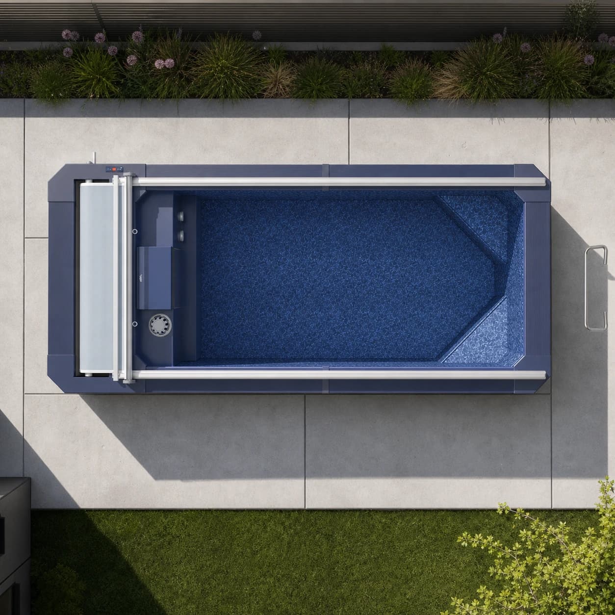 Endless Pools SP105 modular pool overhead view in a premium summer backyard setting