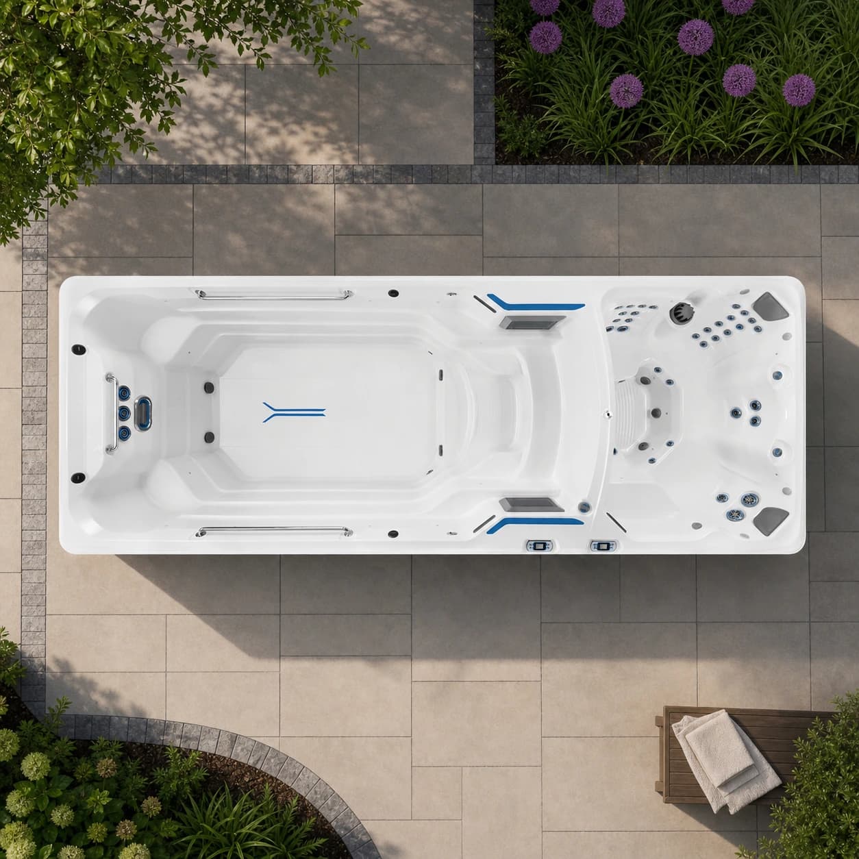 Endless Pools X2000 swim spa overhead view in a premium summer backyard setting