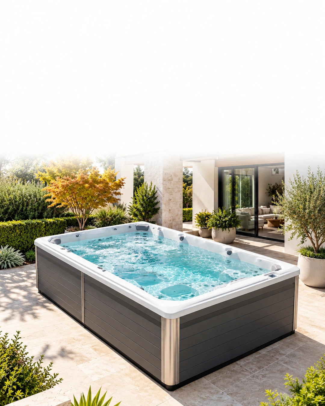 Endless Pools R220 filled swim spa on a sunny premium stone terrace beside a white home and landscaped garden