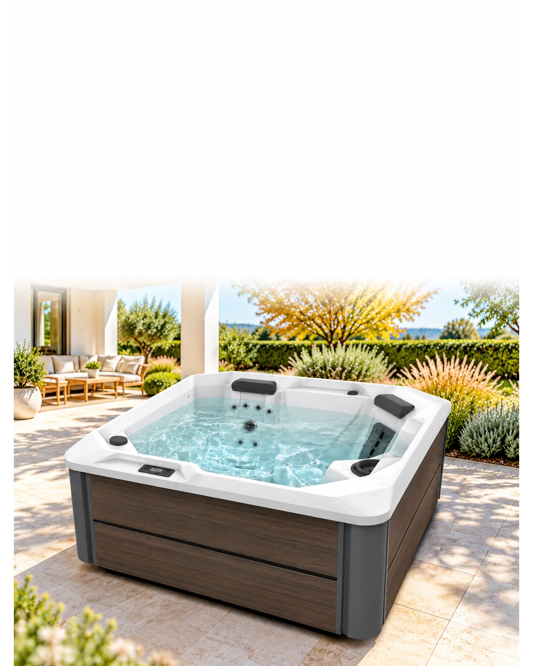 Hot Spring SX filled hot tub in a sunny landscaped backyard beside a white garden pavilion
