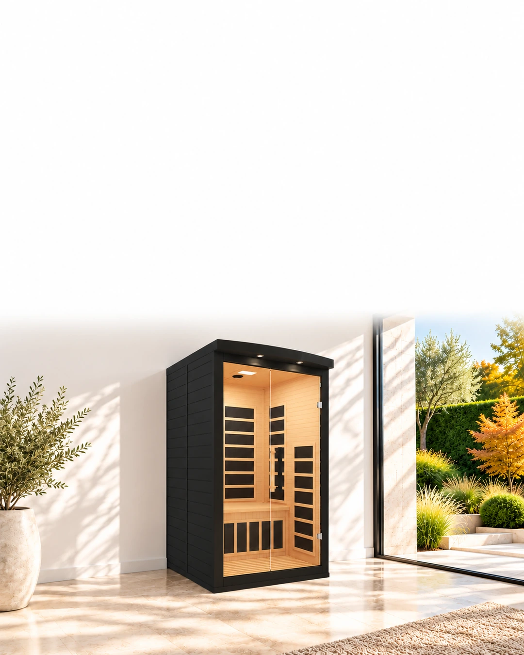 iComfort IC43 Black indoor infrared sauna in a sunny white wellness room overlooking a landscaped backyard
