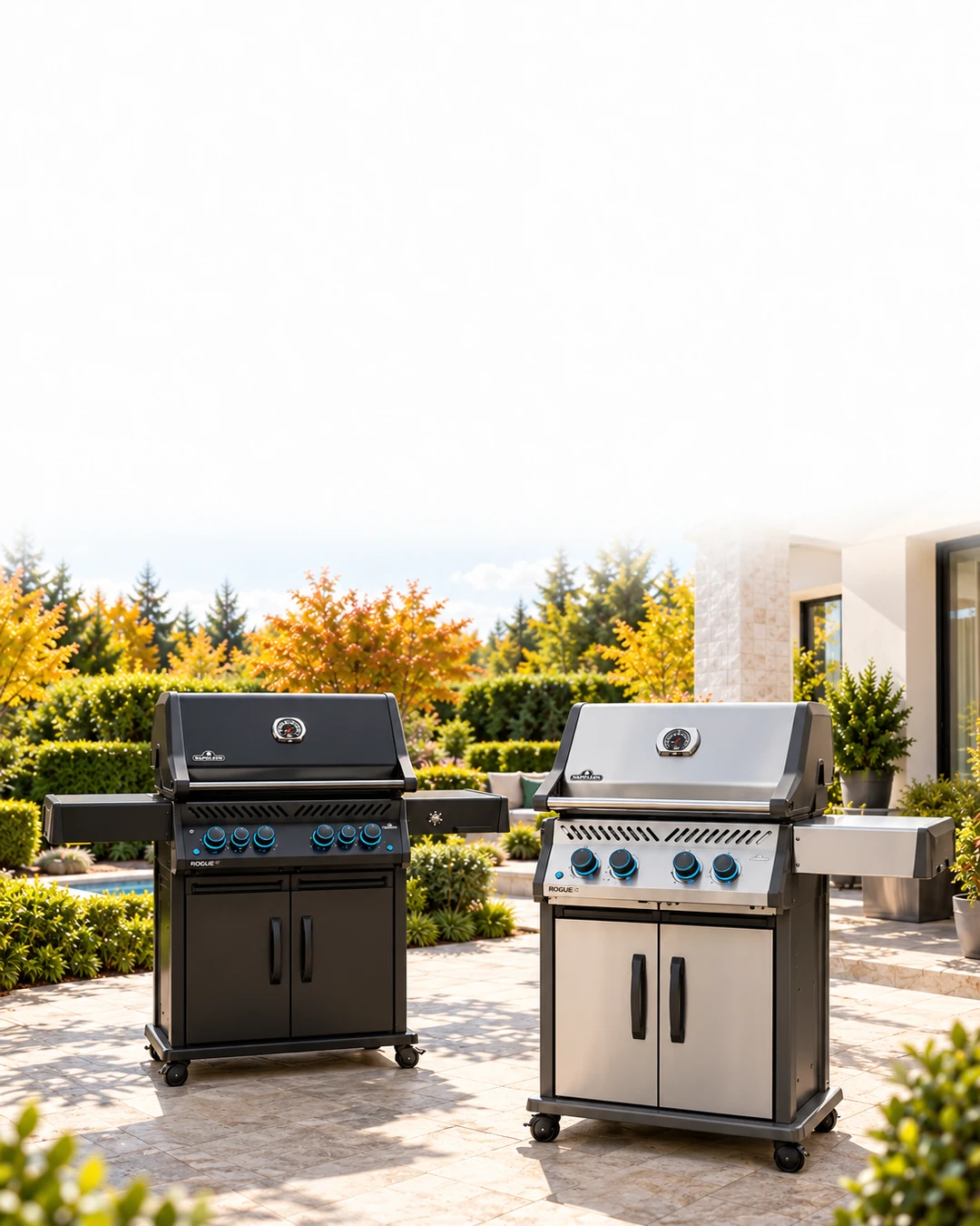 Black and stainless Napoleon Rogue grills on a sunny limestone terrace beside a white home and landscaped autumn garden